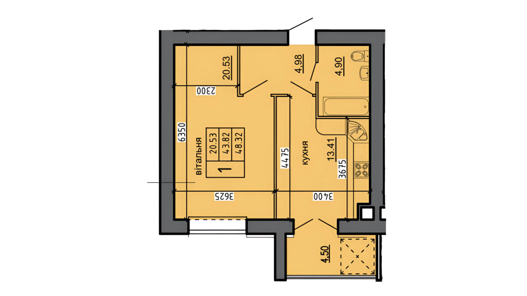Планування 1-кімнатної квартири в ЖК Нові Байківці 48.32 м², фото 698231