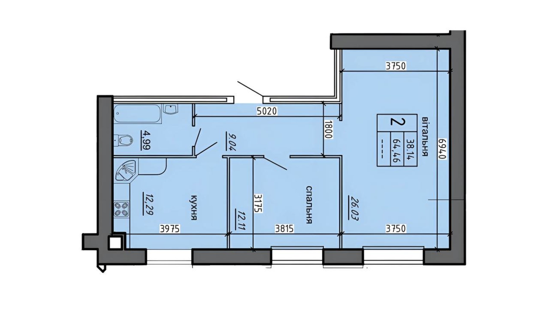 Планировка 2-комнатной квартиры в ЖК Новые Байковцы 64.46 м², фото 698232
