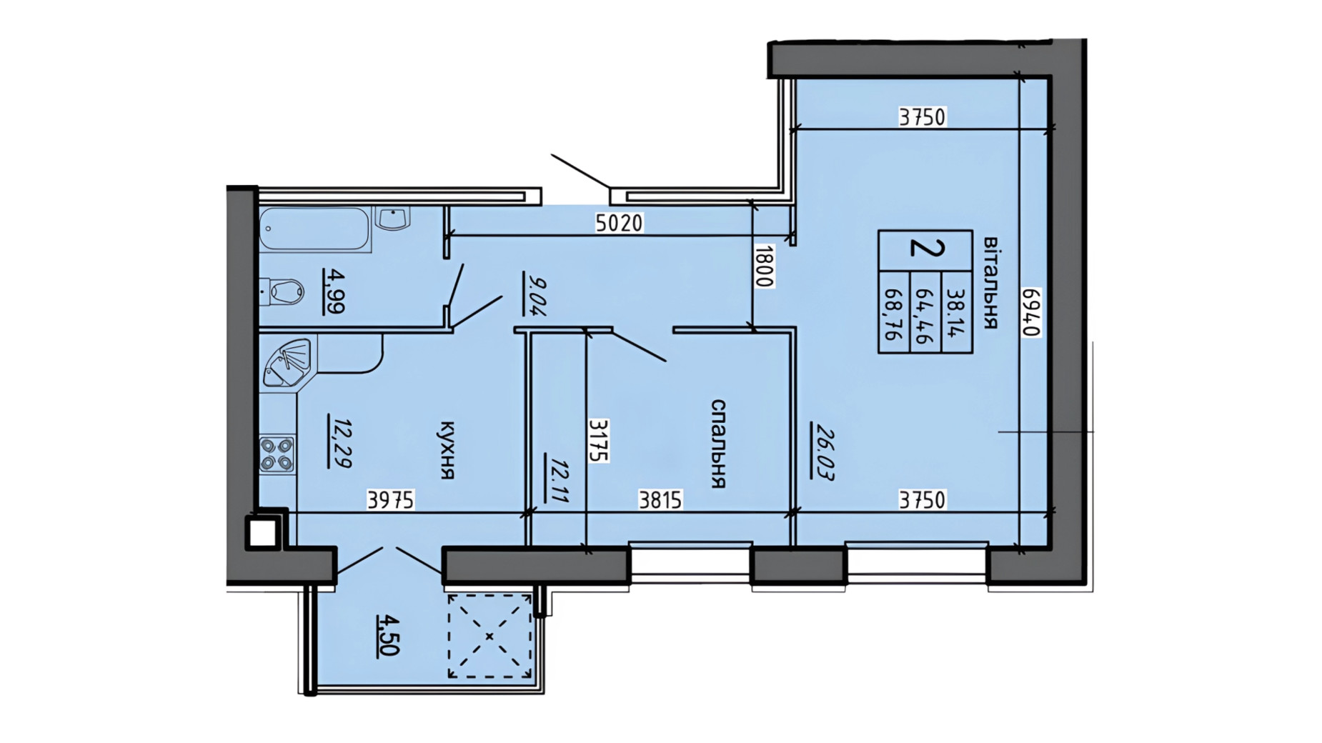 Планування 2-кімнатної квартири в ЖК Нові Байківці 68.76 м², фото 698233