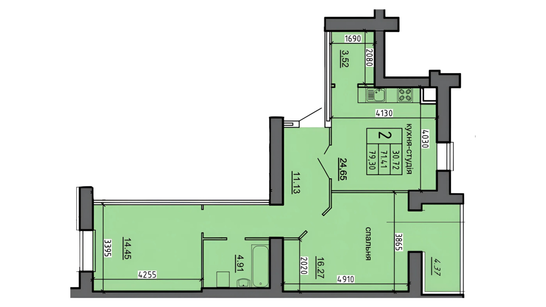 Планування 2-кімнатної квартири в ЖК Нові Байківці 79.3 м², фото 698235