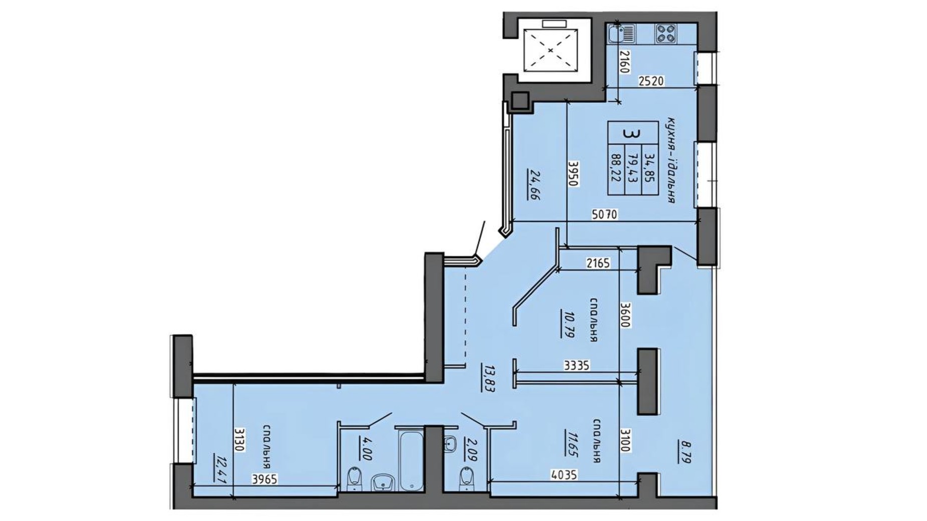 Планировка 3-комнатной квартиры в ЖК Новые Байковцы 88.22 м², фото 698236