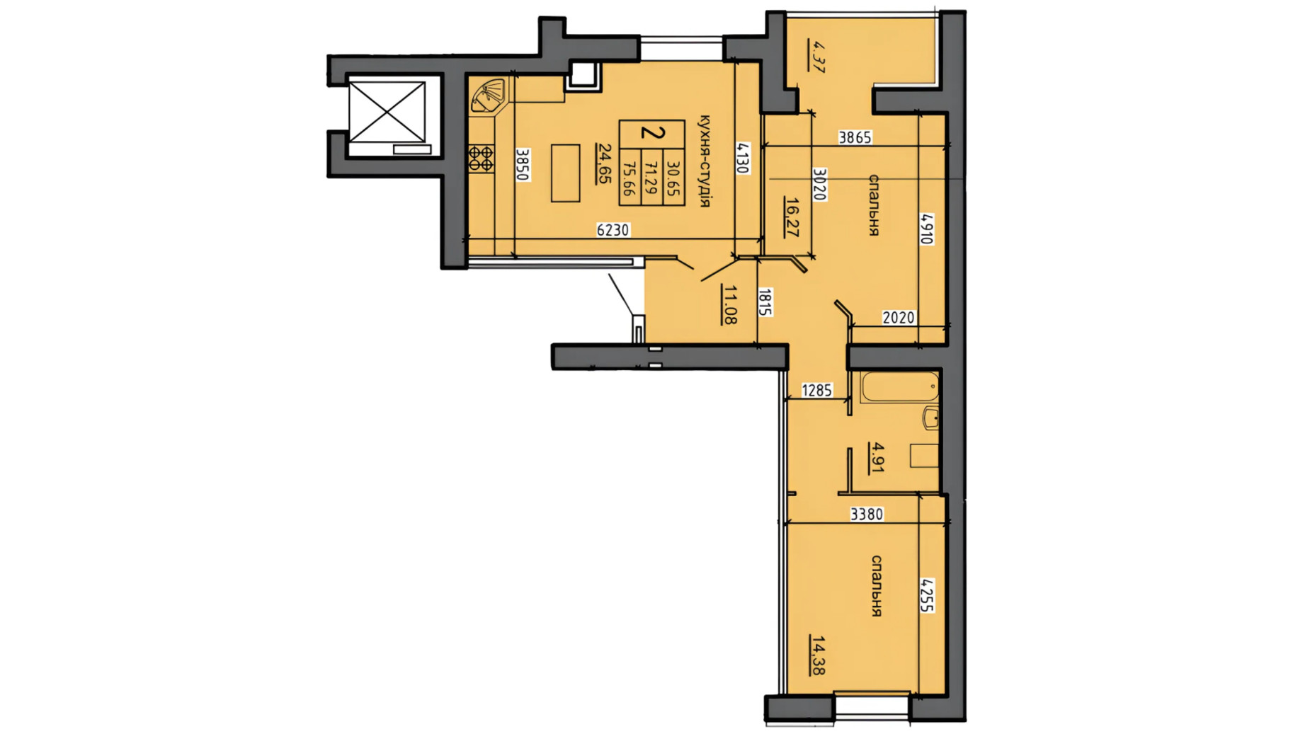 Планування 2-кімнатної квартири в ЖК Нові Байківці 75.66 м², фото 698237