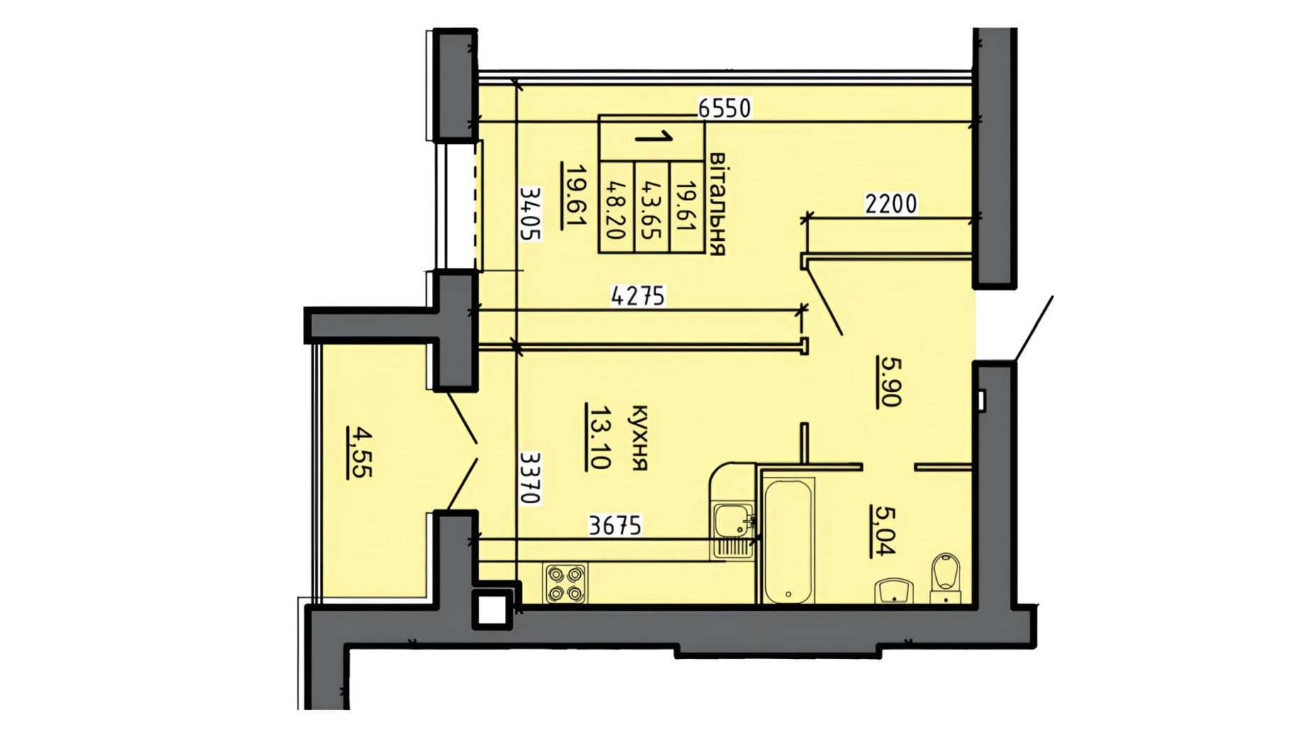 Планування 1-кімнатної квартири в ЖК Нові Байківці 48.2 м², фото 698238