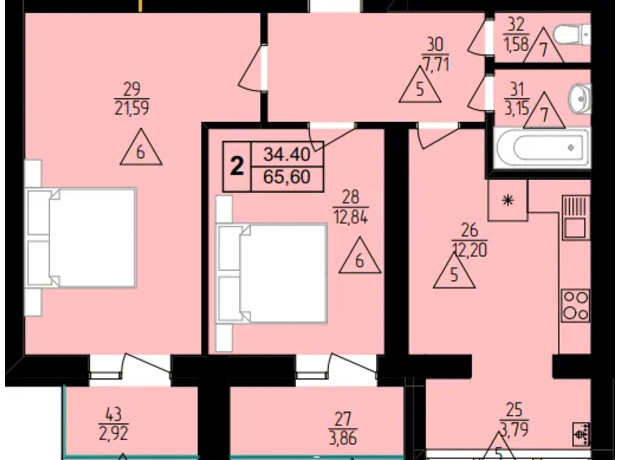 ЖК Мрія Золочів: планування 2-кімнатної квартири 65.6 м²