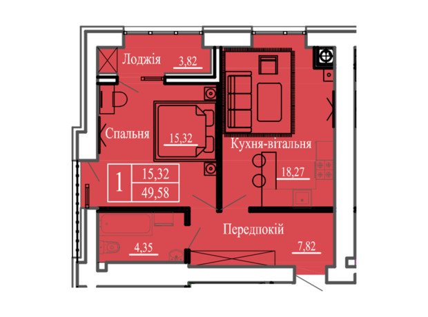 ЖК Сонячний: планування 1-кімнатної квартири 49.58 м²