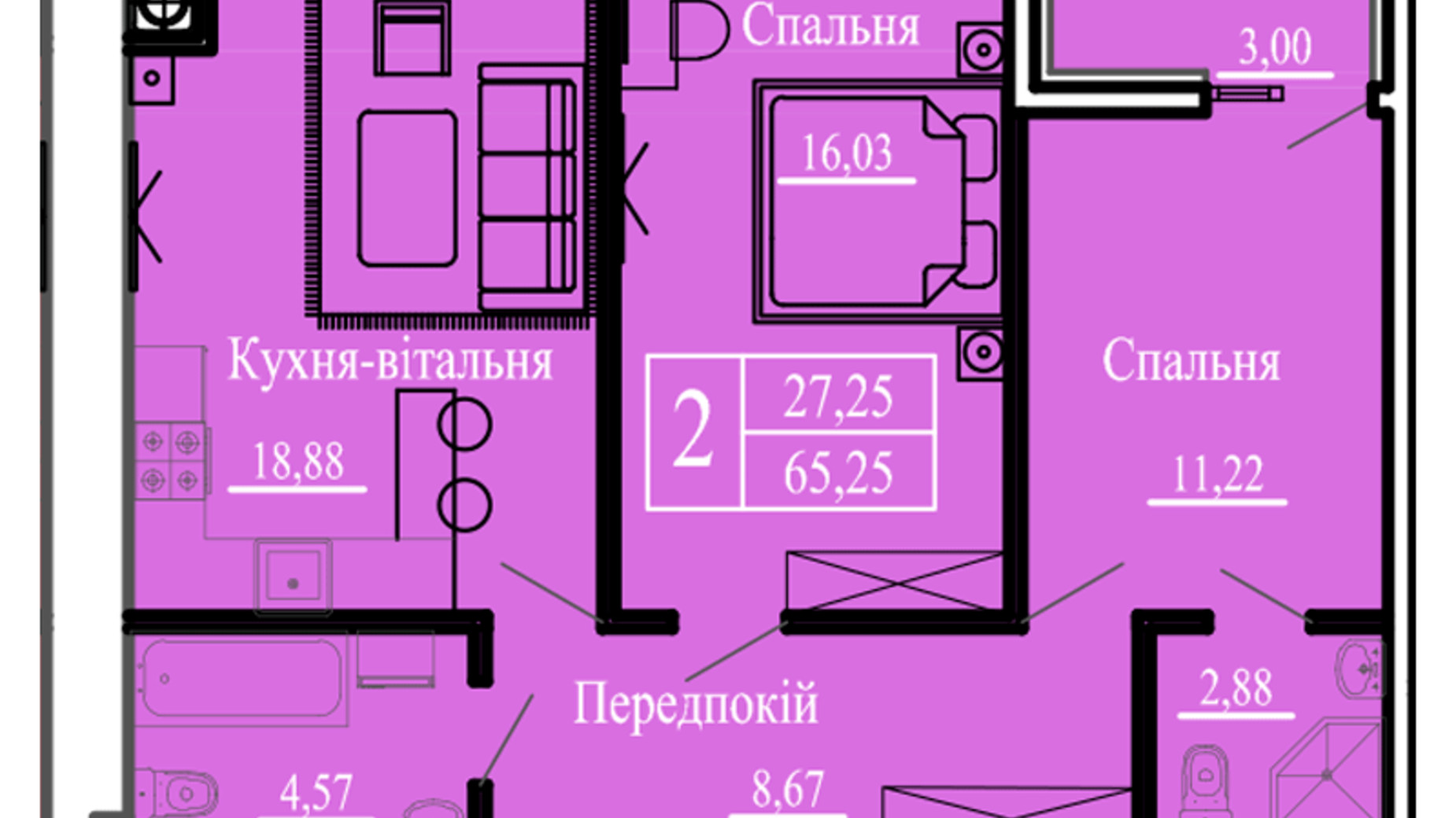 Планировка 2-комнатной квартиры в ЖК Сонячний 65.25 м², фото 700120