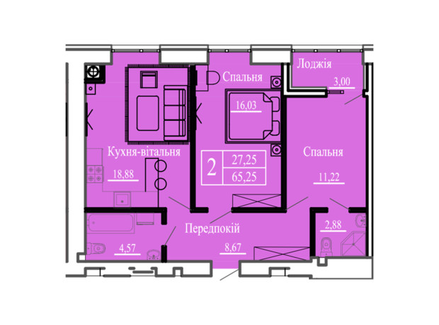 ЖК Сонячний: планировка 2-комнатной квартиры 65.25 м²