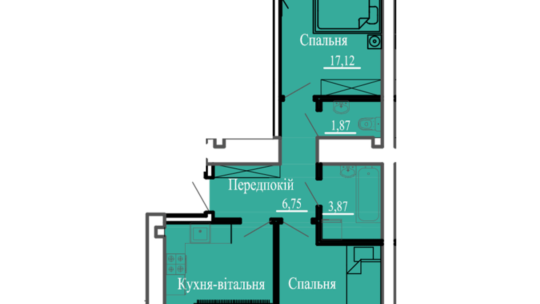 Планировка 2-комнатной квартиры в ЖК Сонячний 59.82 м², фото 700121