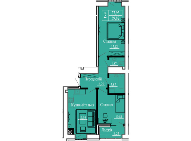 ЖК Сонячний: планування 2-кімнатної квартири 59.82 м²