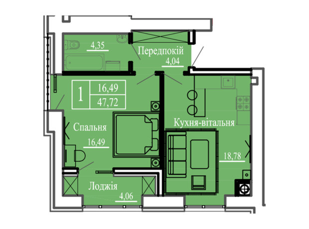 ЖК Сонячний: планировка 1-комнатной квартиры 47.72 м²