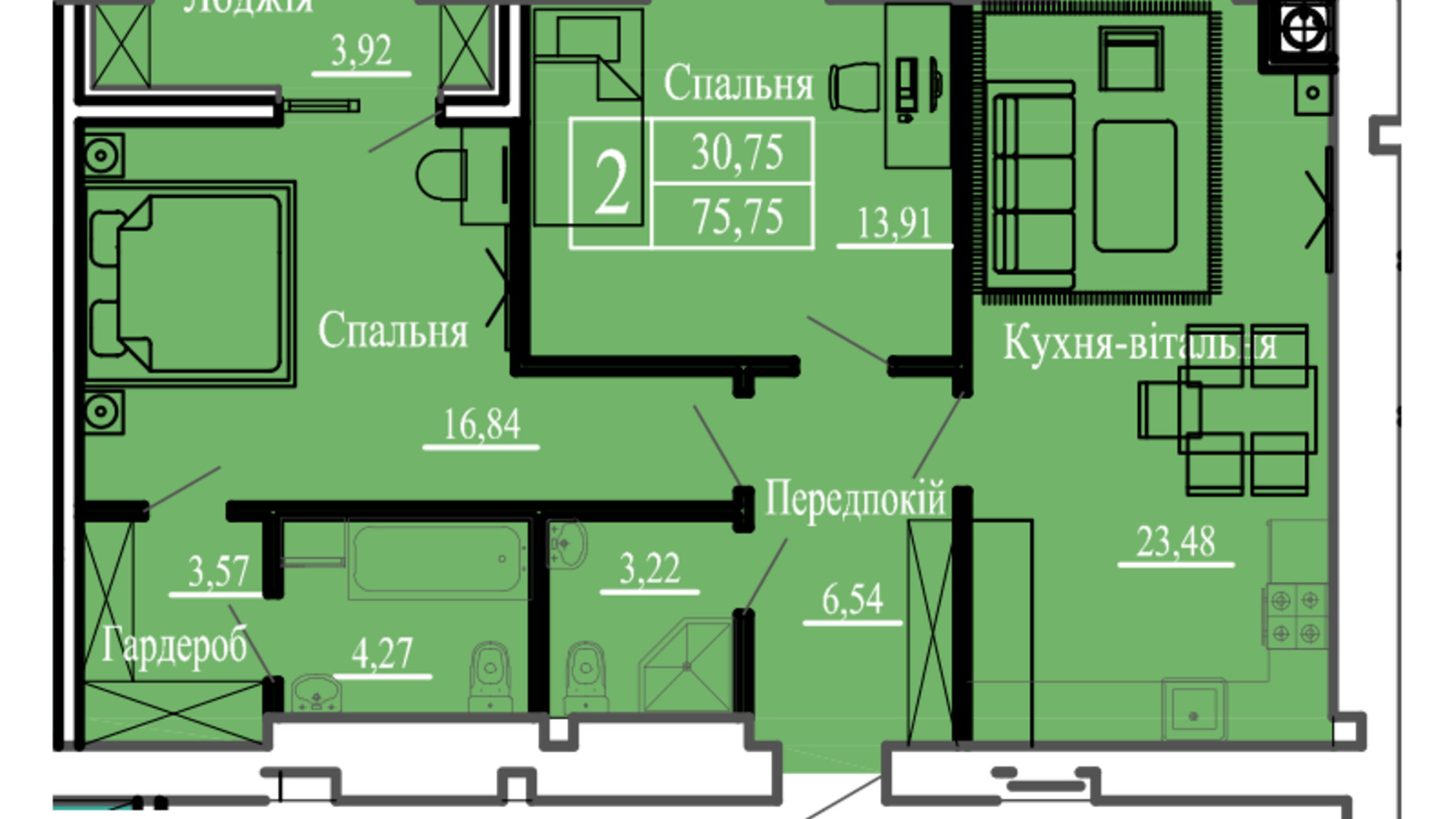 Планування 2-кімнатної квартири в ЖК Сонячний 75.75 м², фото 700147