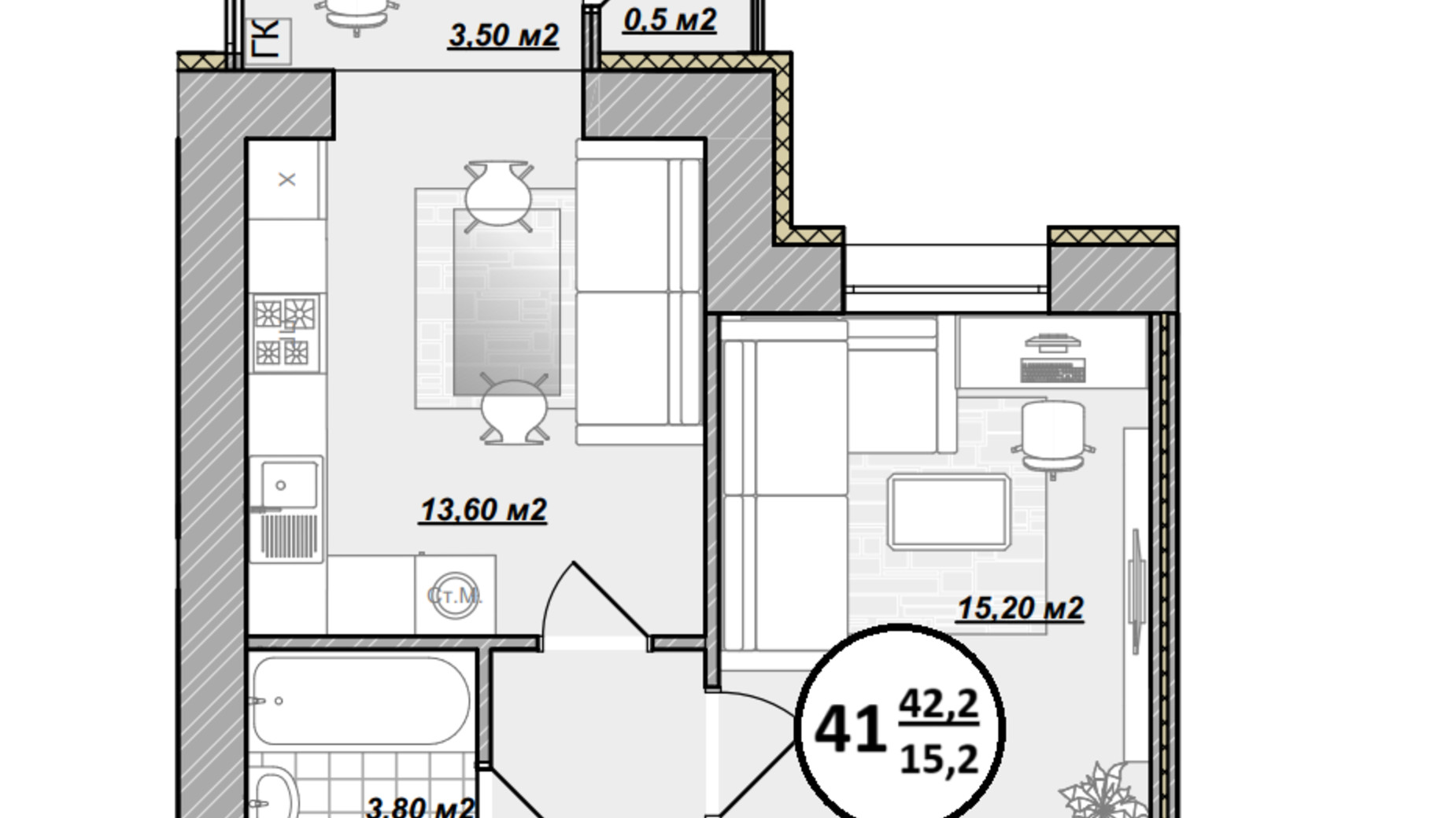 Планування 1-кімнатної квартири в ЖК Добробуд 42.2 м², фото 700488