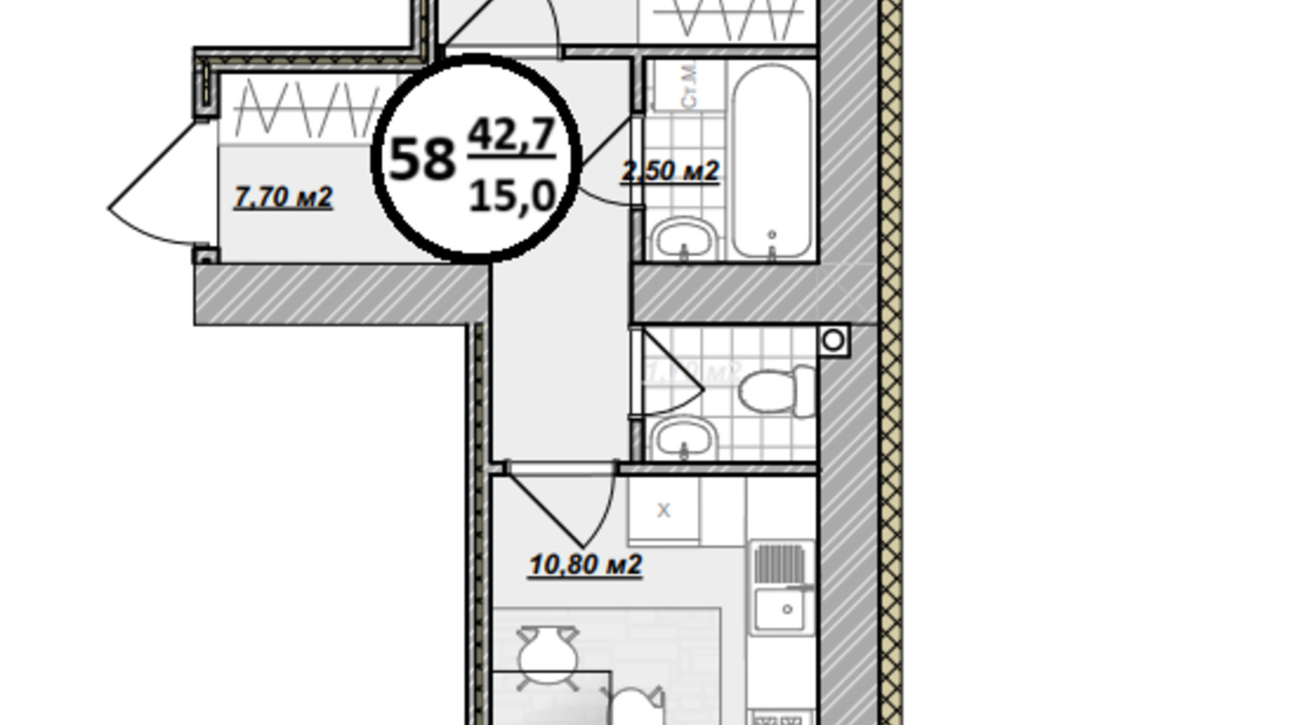 Планування 1-кімнатної квартири в ЖК Добробуд 42.7 м², фото 700489