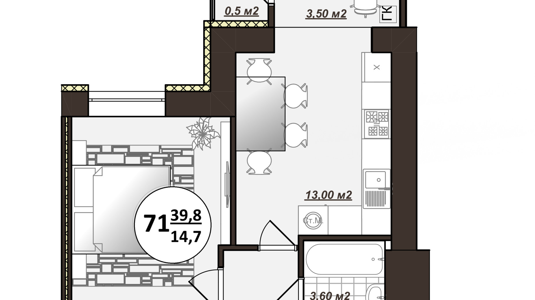 Планировка 1-комнатной квартиры в ЖК Добробуд 39.8 м², фото 700493