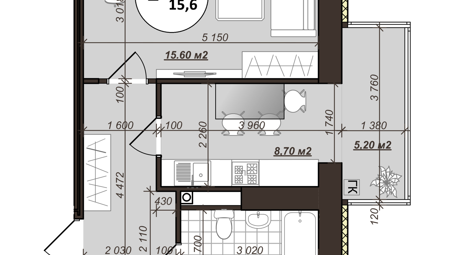 Планировка 1-комнатной квартиры в ЖК Добробуд 42.7 м², фото 700494