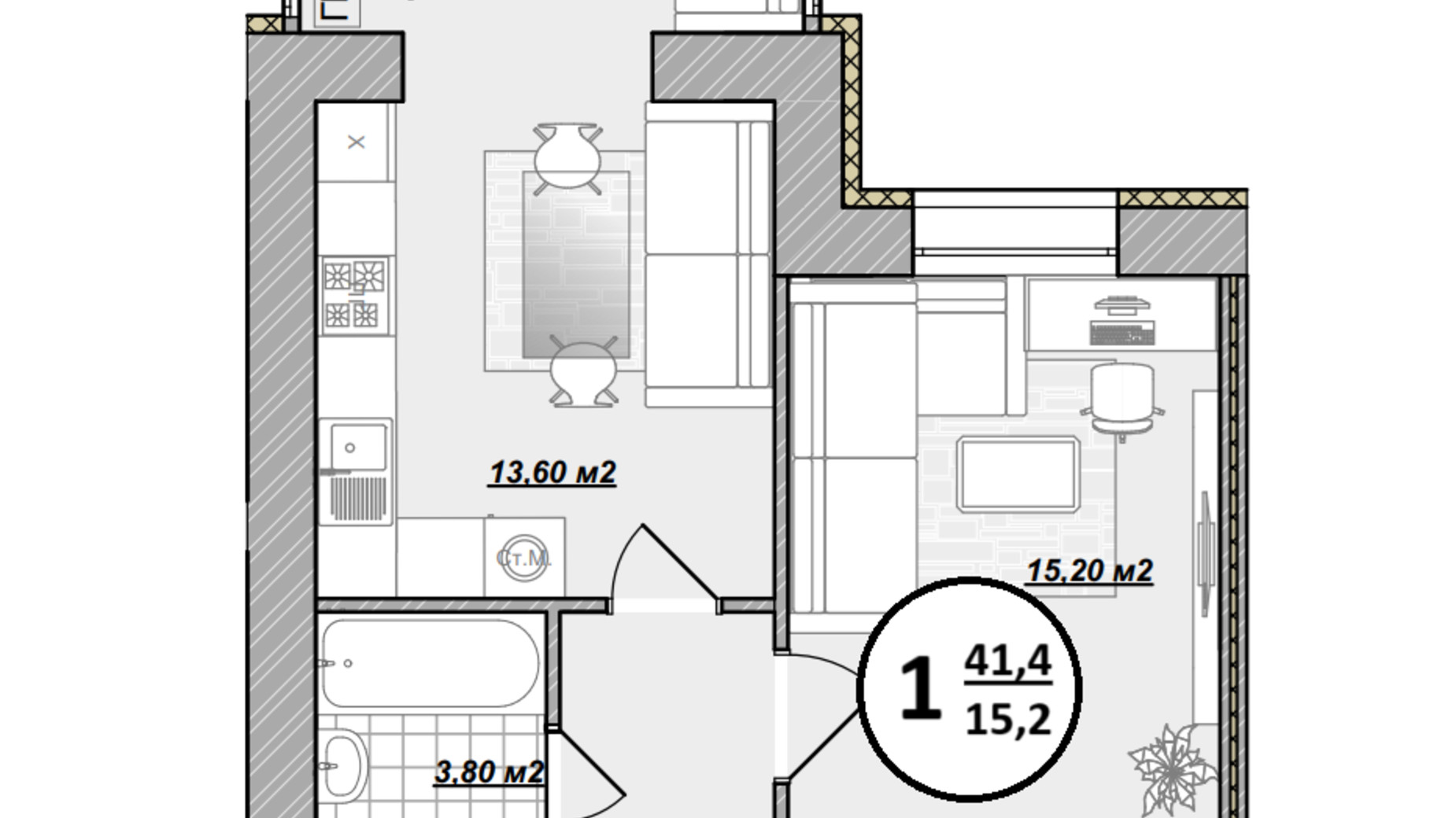 Планування 1-кімнатної квартири в ЖК Добробуд 41.4 м², фото 700495