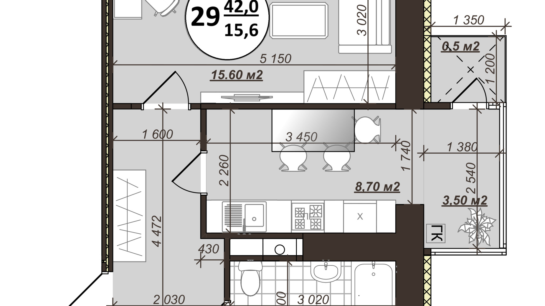 Планування 1-кімнатної квартири в ЖК Добробуд 42 м², фото 700500