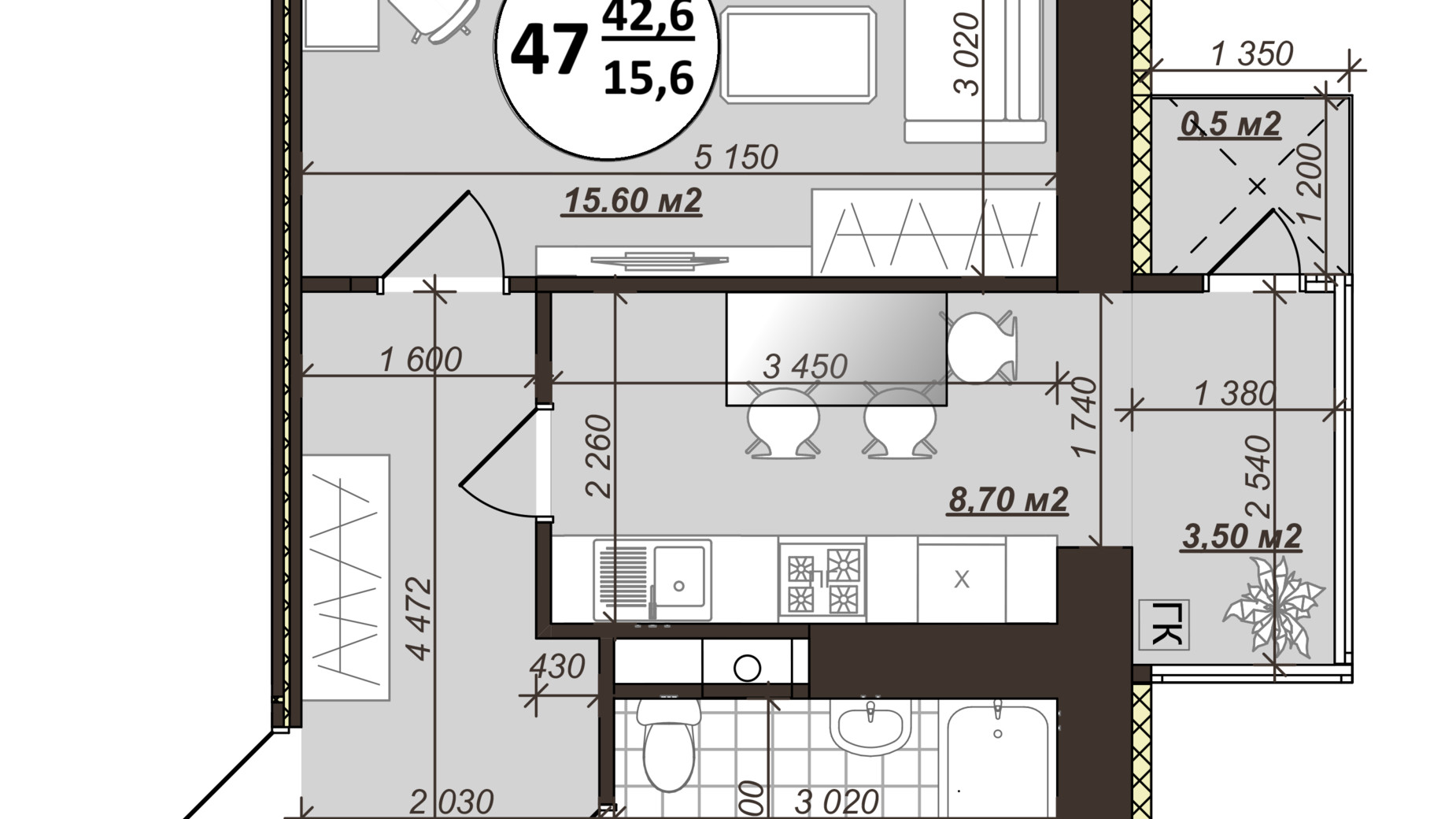 Планировка 1-комнатной квартиры в ЖК Добробуд 42.6 м², фото 700502