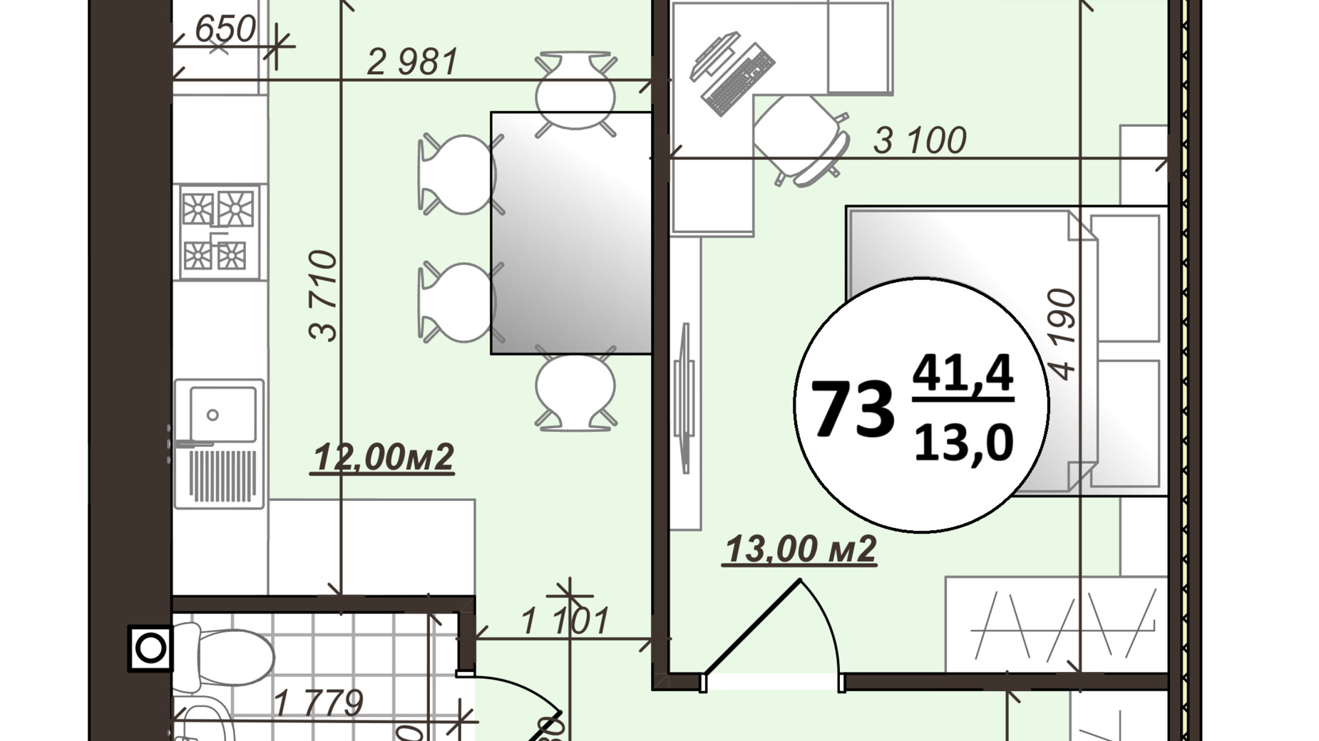 Планировка 1-комнатной квартиры в ЖК Добробуд 41.4 м², фото 700506