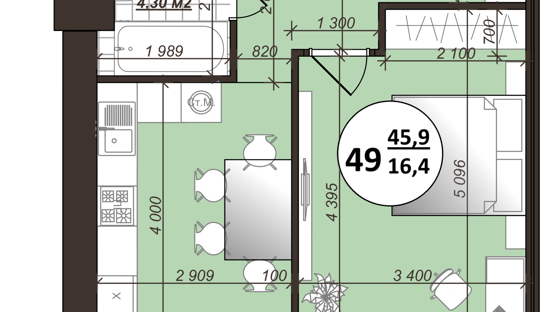 Планування 1-кімнатної квартири в ЖК Добробуд 45.9 м², фото 700507