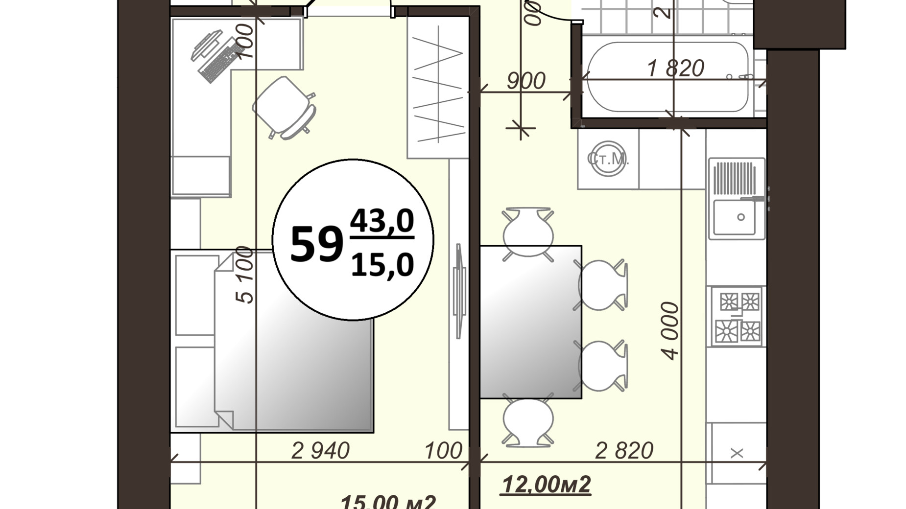 Планування 1-кімнатної квартири в ЖК Добробуд 43 м², фото 700508