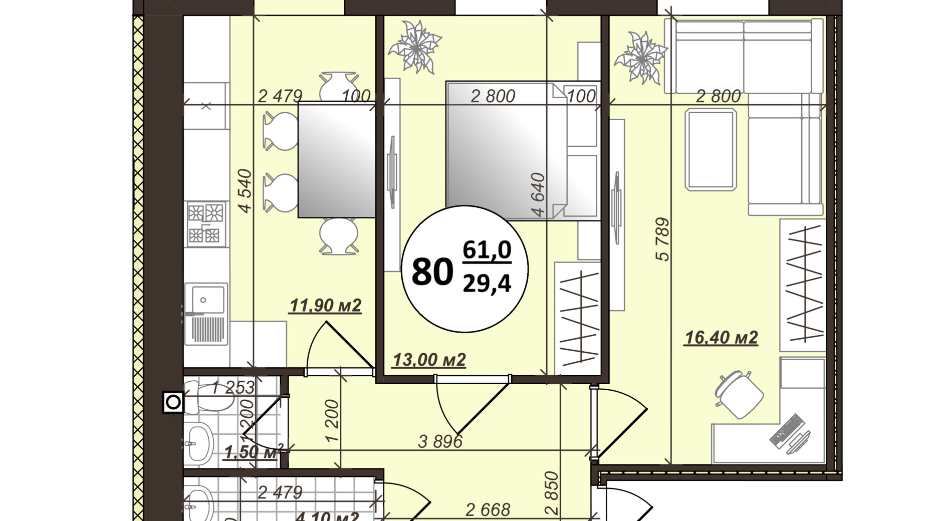 Планування 2-кімнатної квартири в ЖК Добробуд 61 м², фото 700512