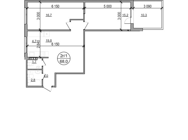 ЖК Парксайд: планировка 2-комнатной квартиры 68 м²