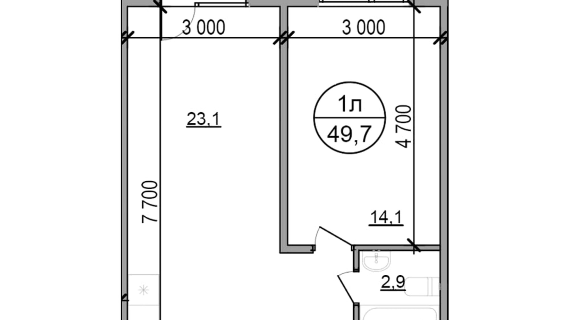 Планування 1-кімнатної квартири в ЖК Парксайд 49.7 м², фото 700605