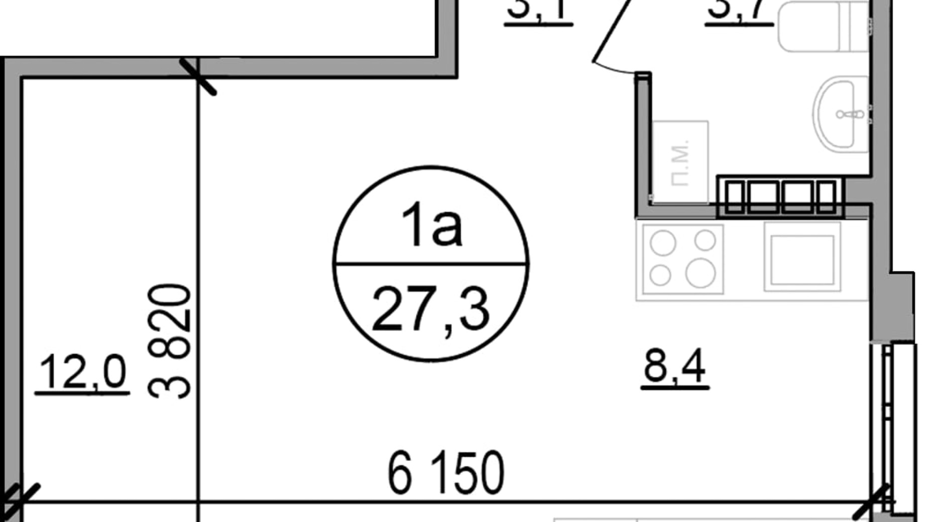 Планировка 1-комнатной квартиры в ЖК Парксайд 27.3 м², фото 700606