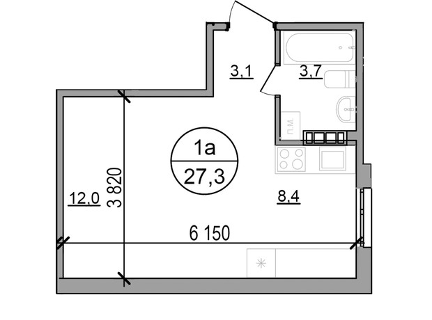 ЖК Парксайд: планування 1-кімнатної квартири 27.3 м²