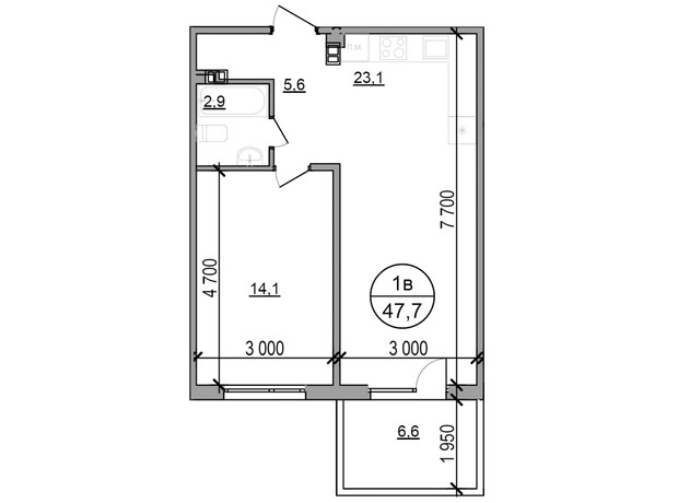 ЖК Парксайд: планування 1-кімнатної квартири 47.7 м²