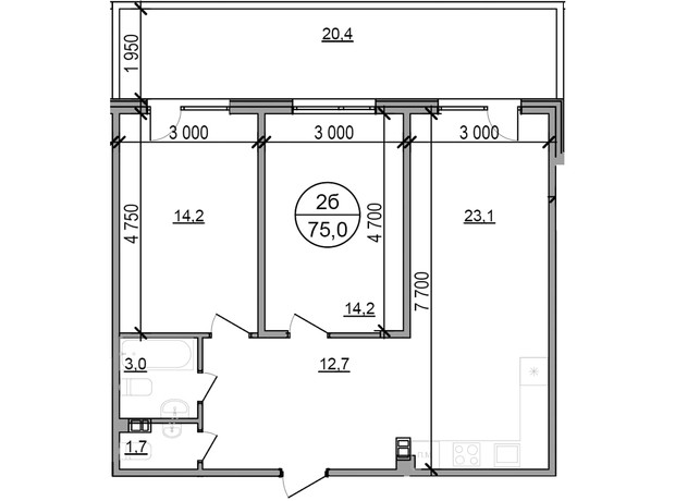 ЖК Парксайд: планировка 2-комнатной квартиры 75 м²