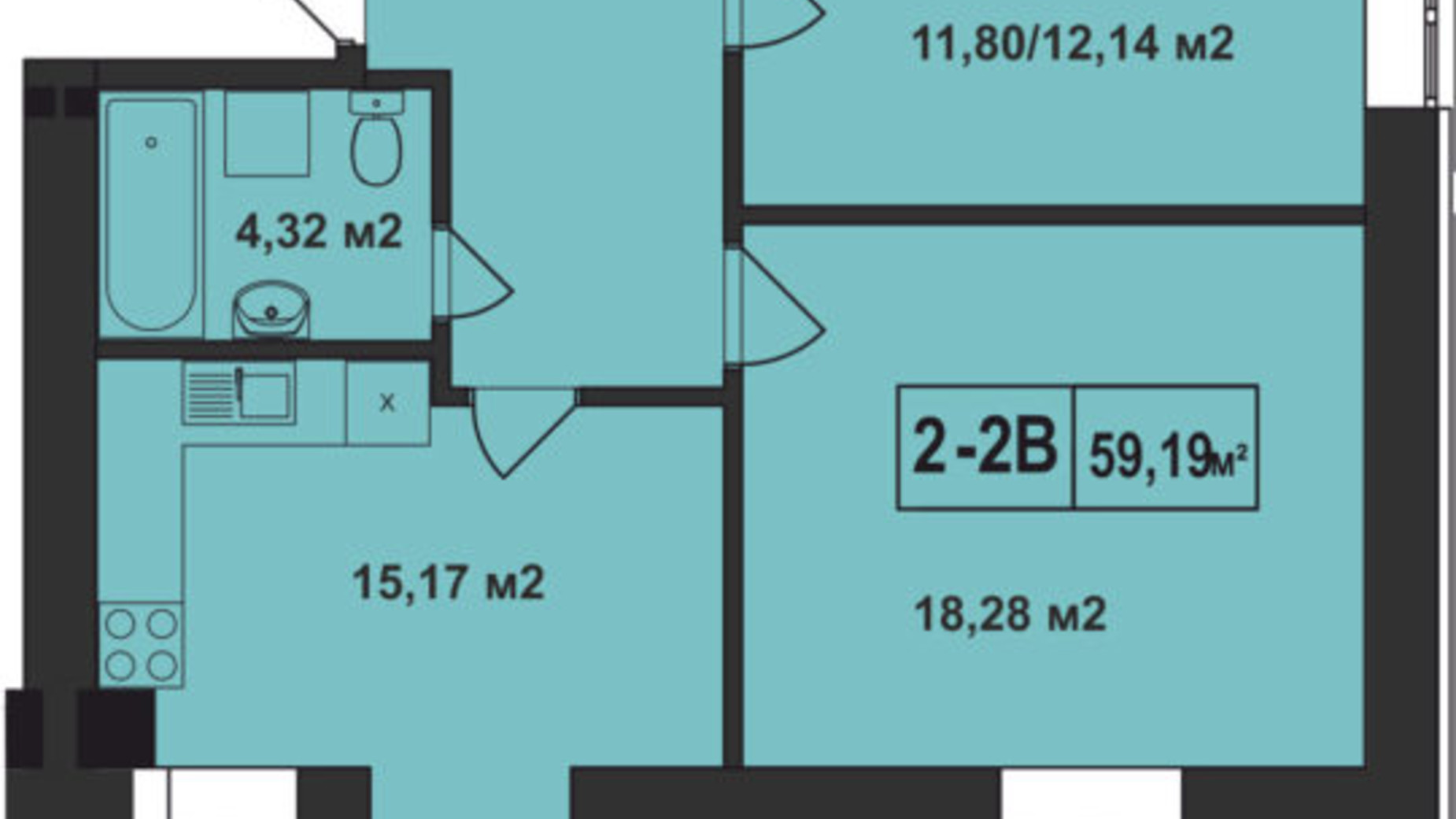 Планировка 2-комнатной квартиры в ЖК Покровский 59.19 м², фото 70107