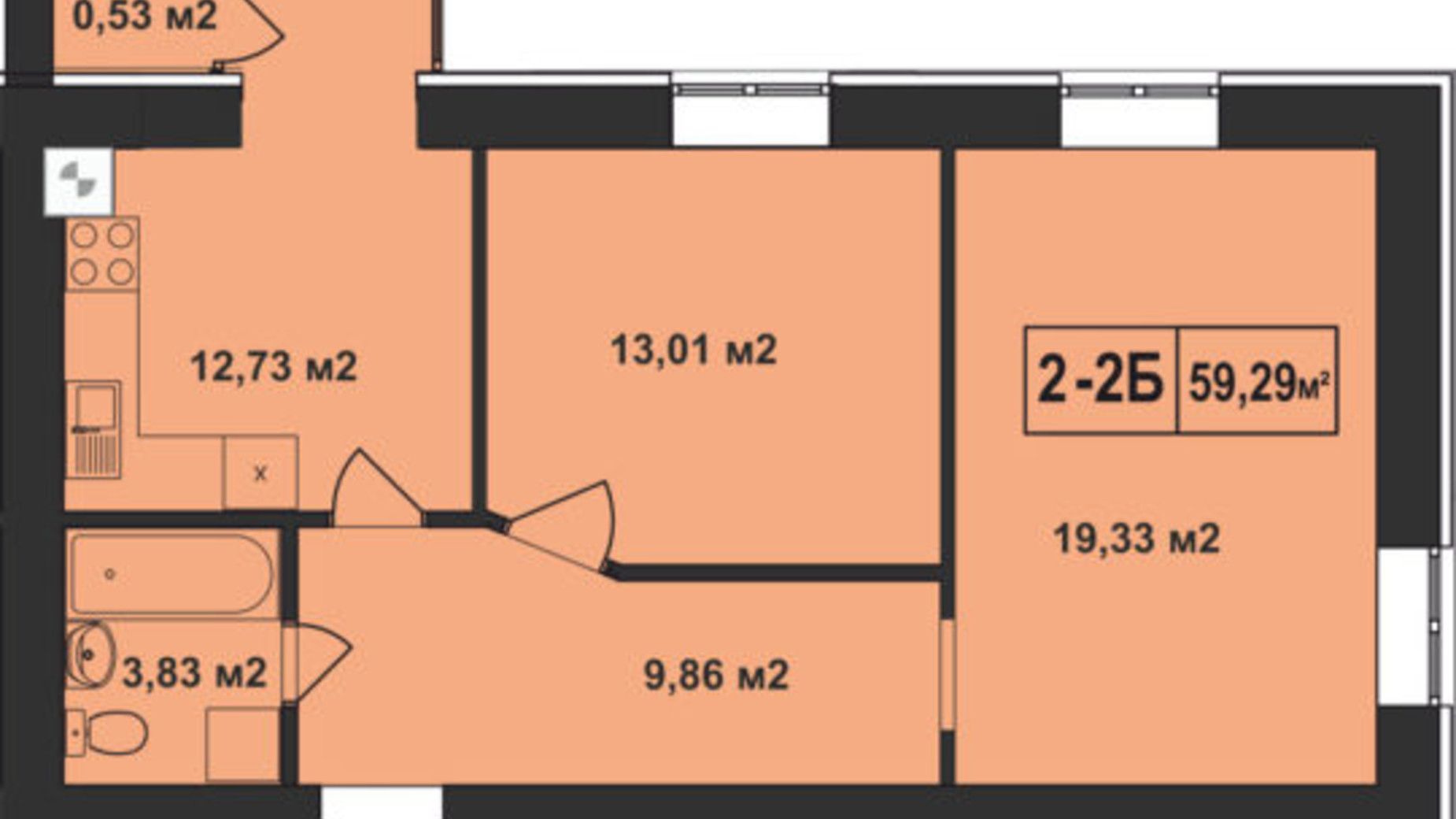 Планировка 2-комнатной квартиры в ЖК Покровский 59.29 м², фото 70108