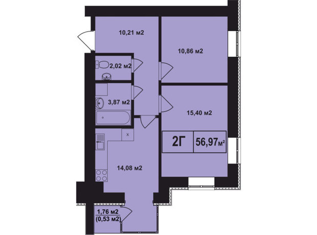 ЖК Покровский: планировка 2-комнатной квартиры 56.97 м²