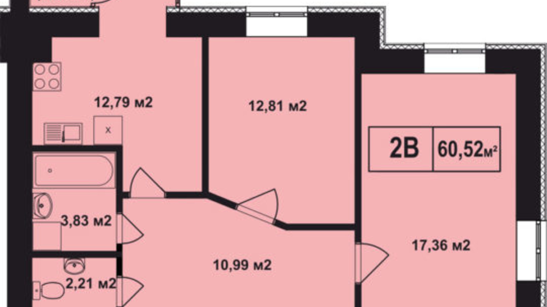 Планування 2-кімнатної квартири в ЖК Покровський 60.52 м², фото 70111