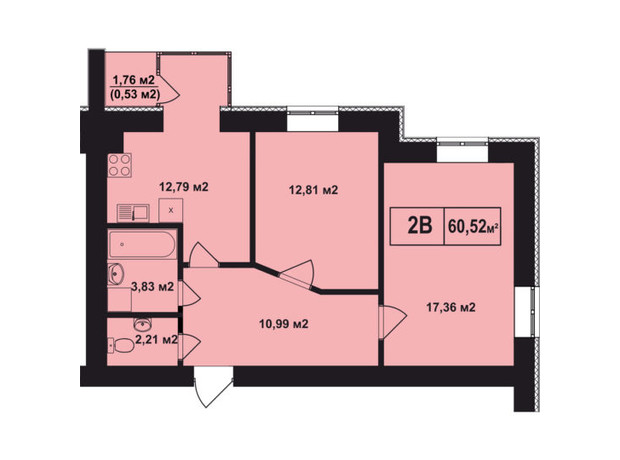 ЖК Покровский: планировка 2-комнатной квартиры 60.52 м²