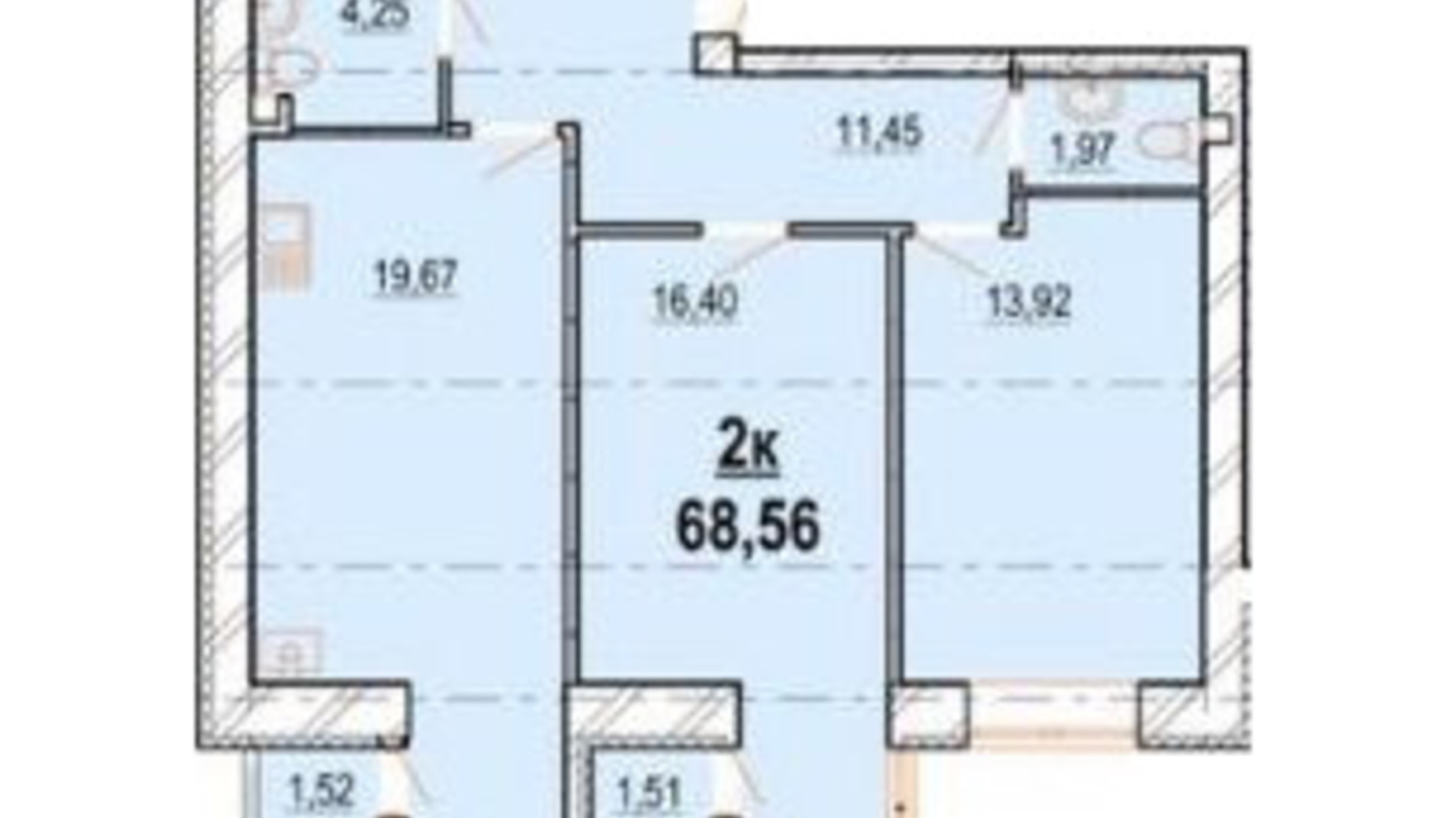 Планування 2-кімнатної квартири в ЖК Волошковий 68.56 м², фото 701949