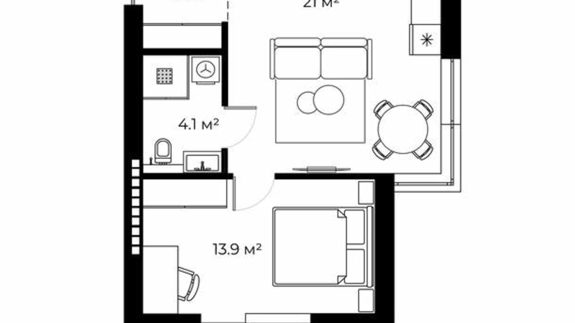 Планування 1-кімнатної квартири в ЖК Park Land 45 м², фото 702069