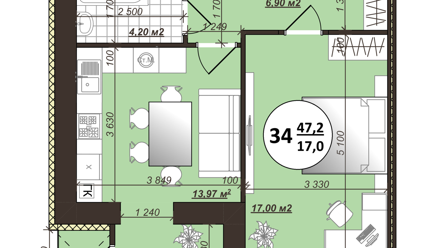 Планировка 1-комнатной квартиры в ЖК Добробуд 47.2 м², фото 703418