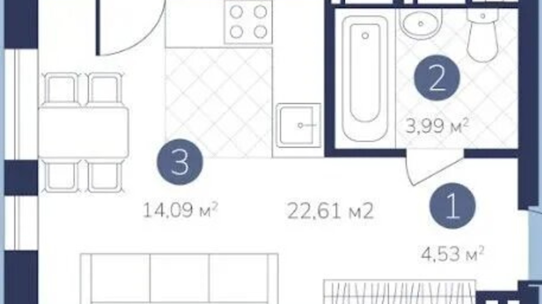 Планування 1-кімнатної квартири в Апарт-готель Лебединий Guest House 22.61 м², фото 703493