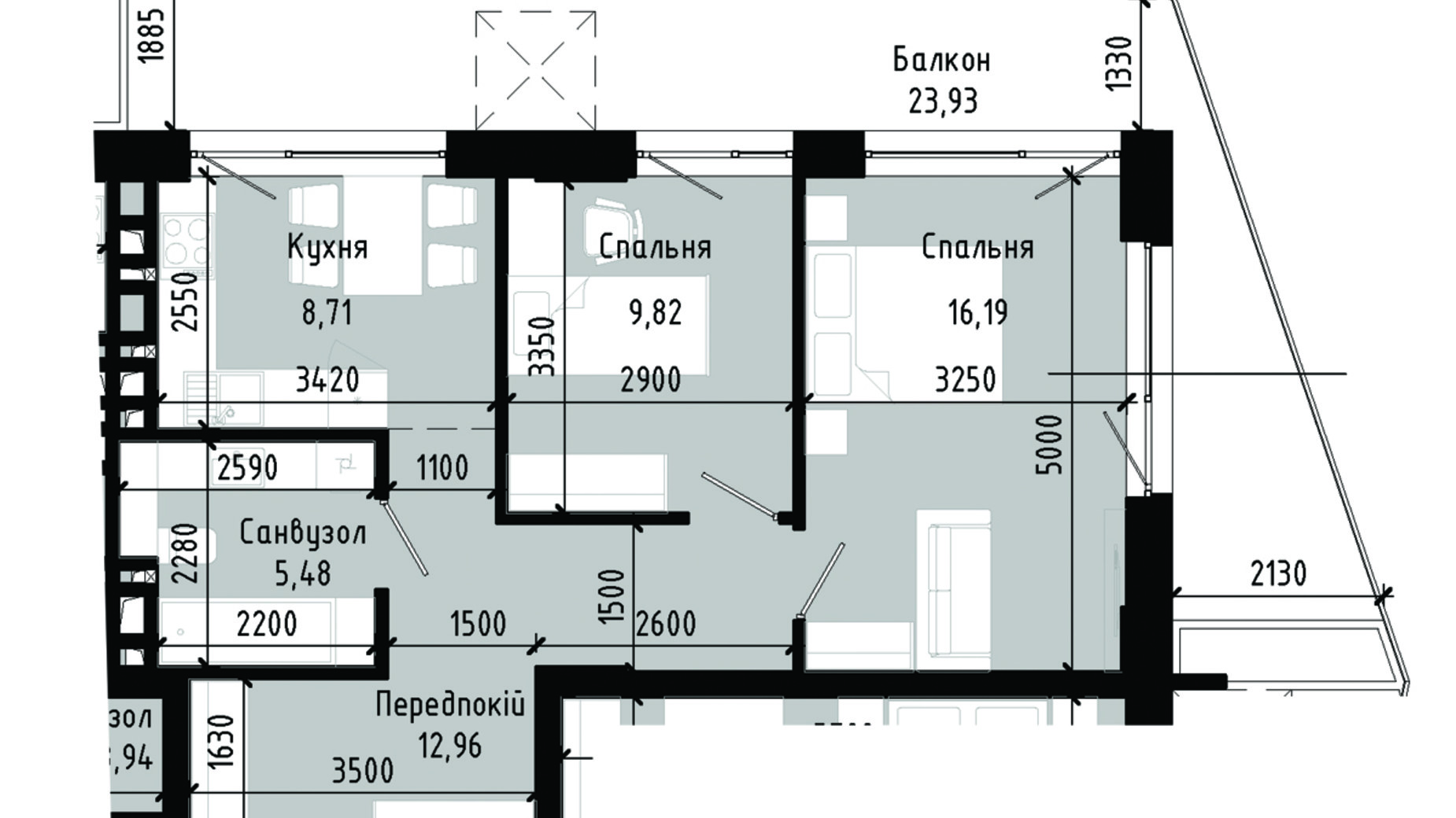 Планування 2-кімнатної квартири в ЖК Lennona Residents 60.18 м², фото 705560