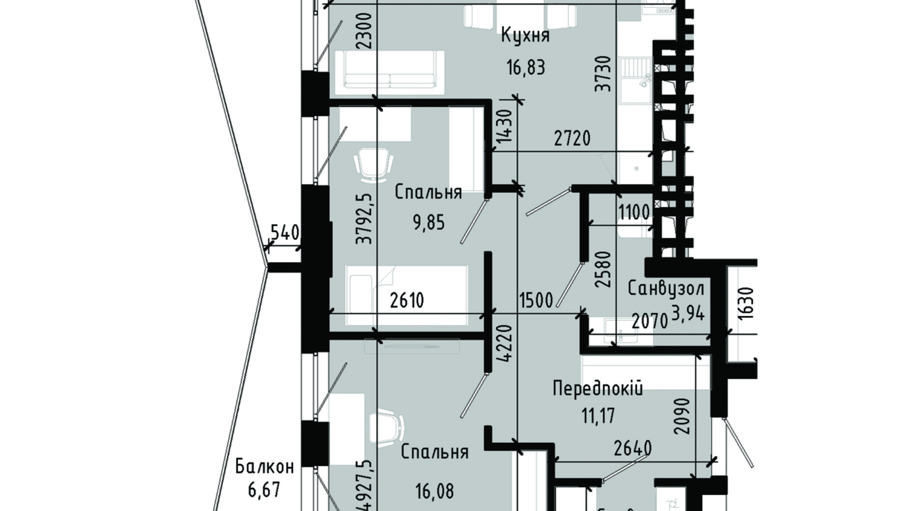 Планування 2-кімнатної квартири в ЖК Lennona Residents 73.24 м², фото 705562