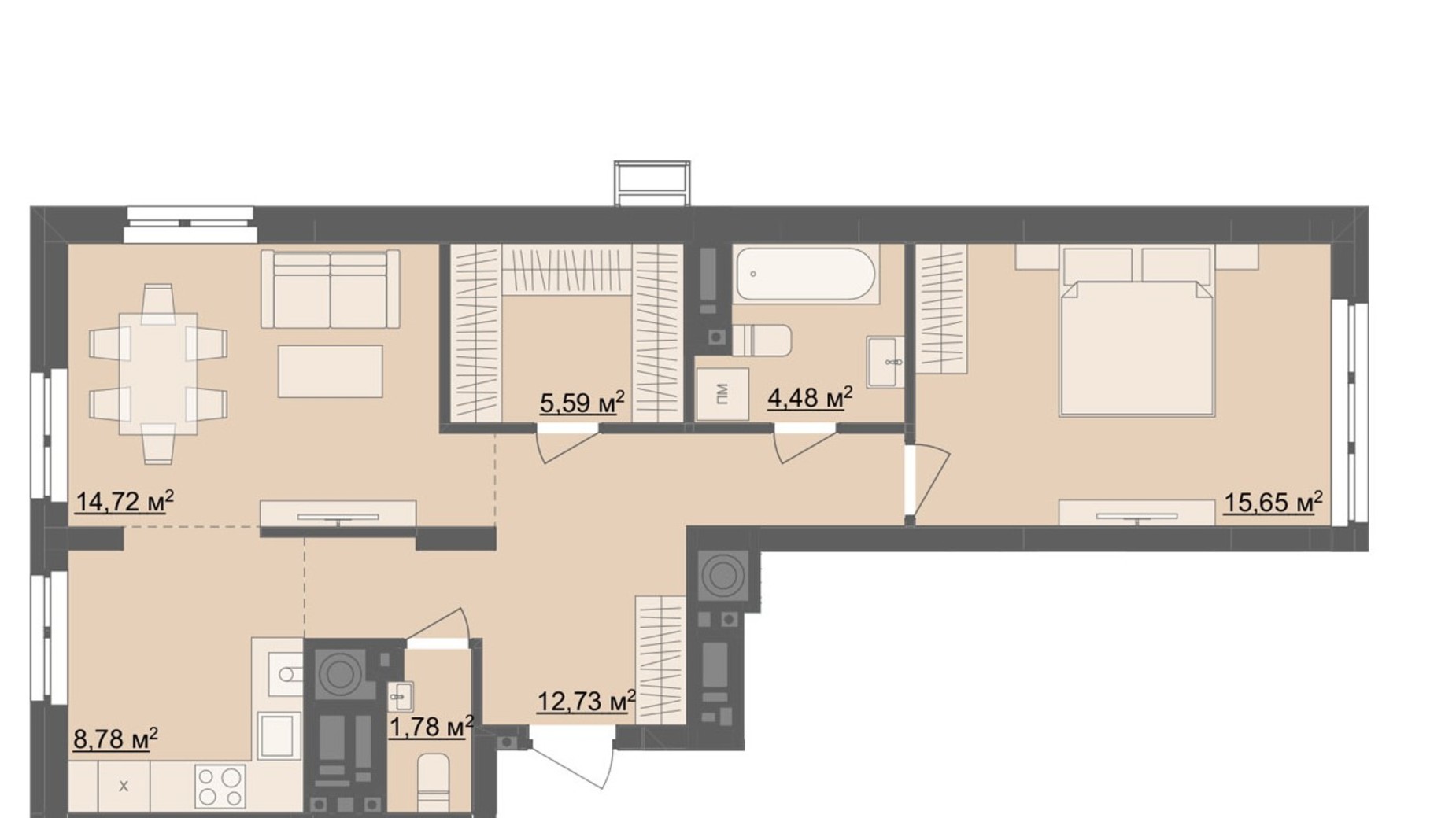 Планировка 2-комнатной квартиры в ЖК River City 63.73 м², фото 705613