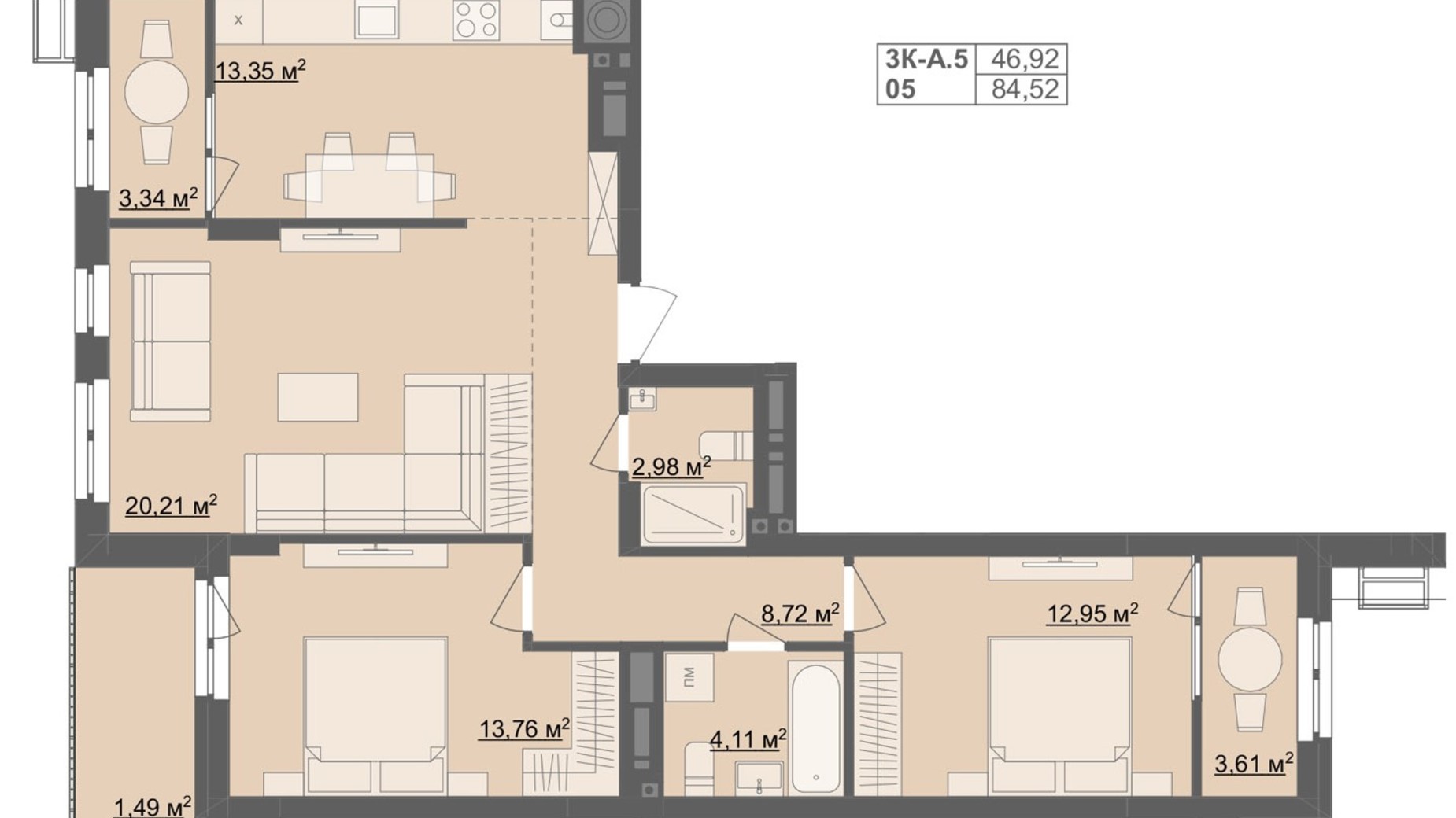 Планировка 3-комнатной квартиры в ЖК River City 84.52 м², фото 705614