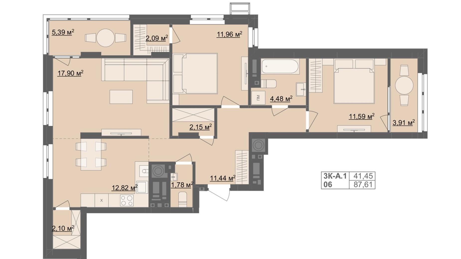 Планировка 3-комнатной квартиры в ЖК River City 87.61 м², фото 705615