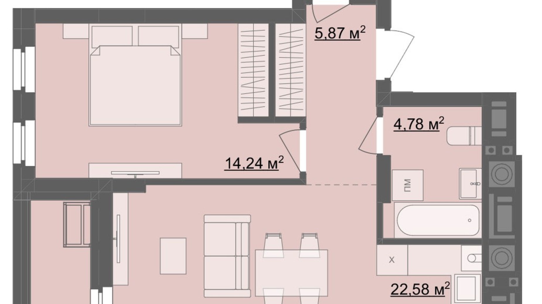 Планування 1-кімнатної квартири в ЖК River City 55.4 м², фото 705625