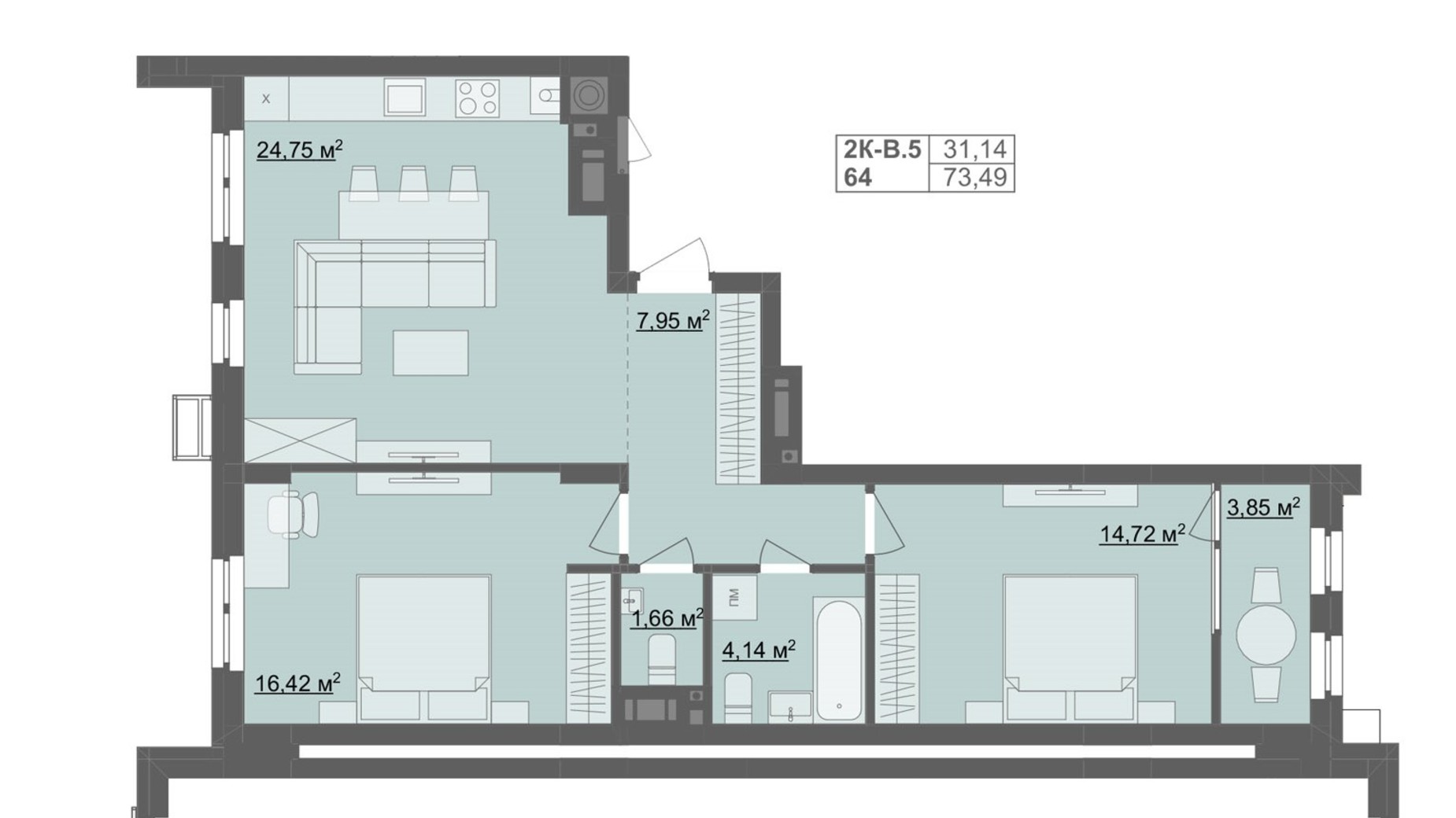 Планування 2-кімнатної квартири в ЖК River City 73.49 м², фото 705631
