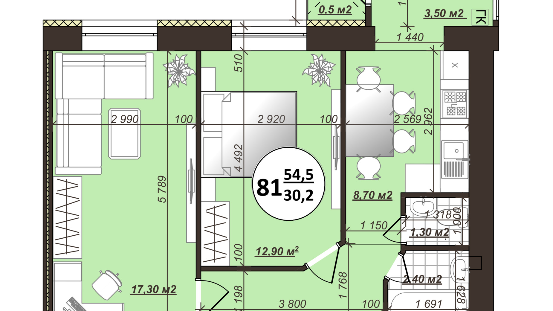 Планировка 2-комнатной квартиры в ЖК Добробуд 54.5 м², фото 705716