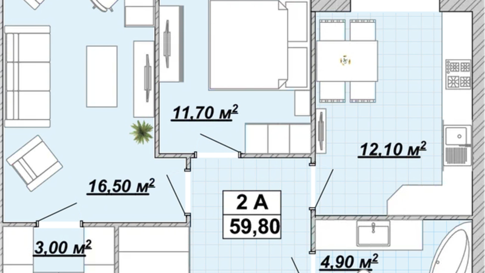 Планировка 2-комнатной квартиры в Жилой район Княгинин 59.8 м², фото 706398